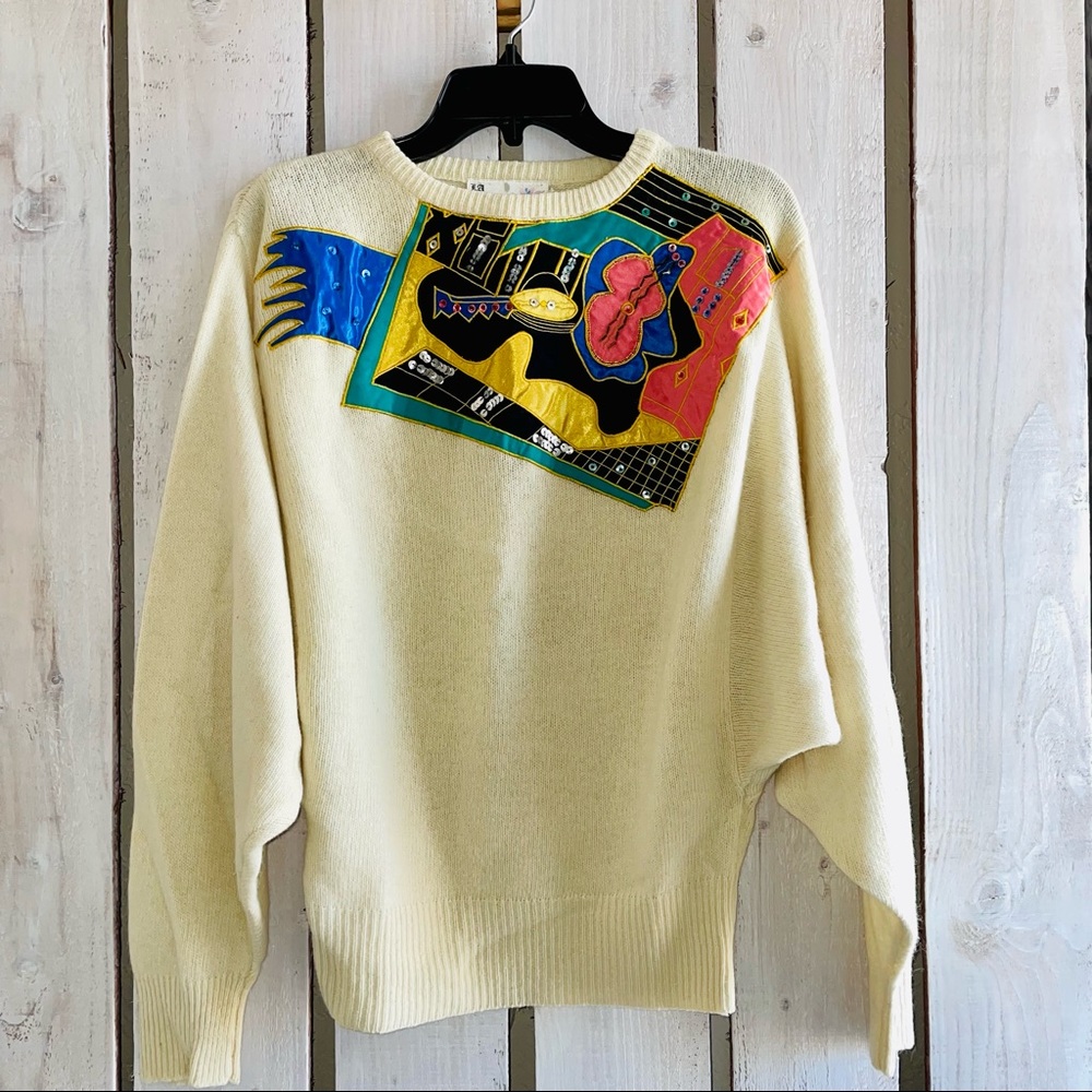 Vintage Elle Kelle geometric embroidered sweater detail size Large